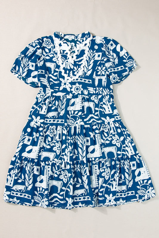 Printed Notched Short Sleeve Mini Dress-TOPS / DRESSES-[Adult]-[Female]-Peacock Blue-S-2022 Online Blue Zone Planet