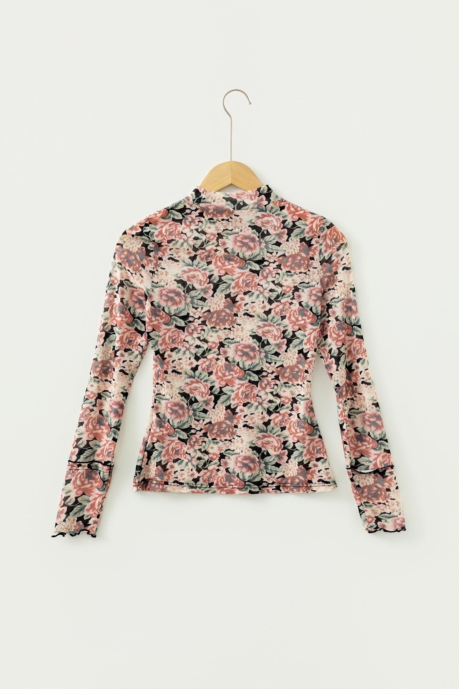 White Retro Floral Print Mock Neck Mesh Long Sleeve Top-Tops/Long Sleeve Tops-[Adult]-[Female]-2022 Online Blue Zone Planet