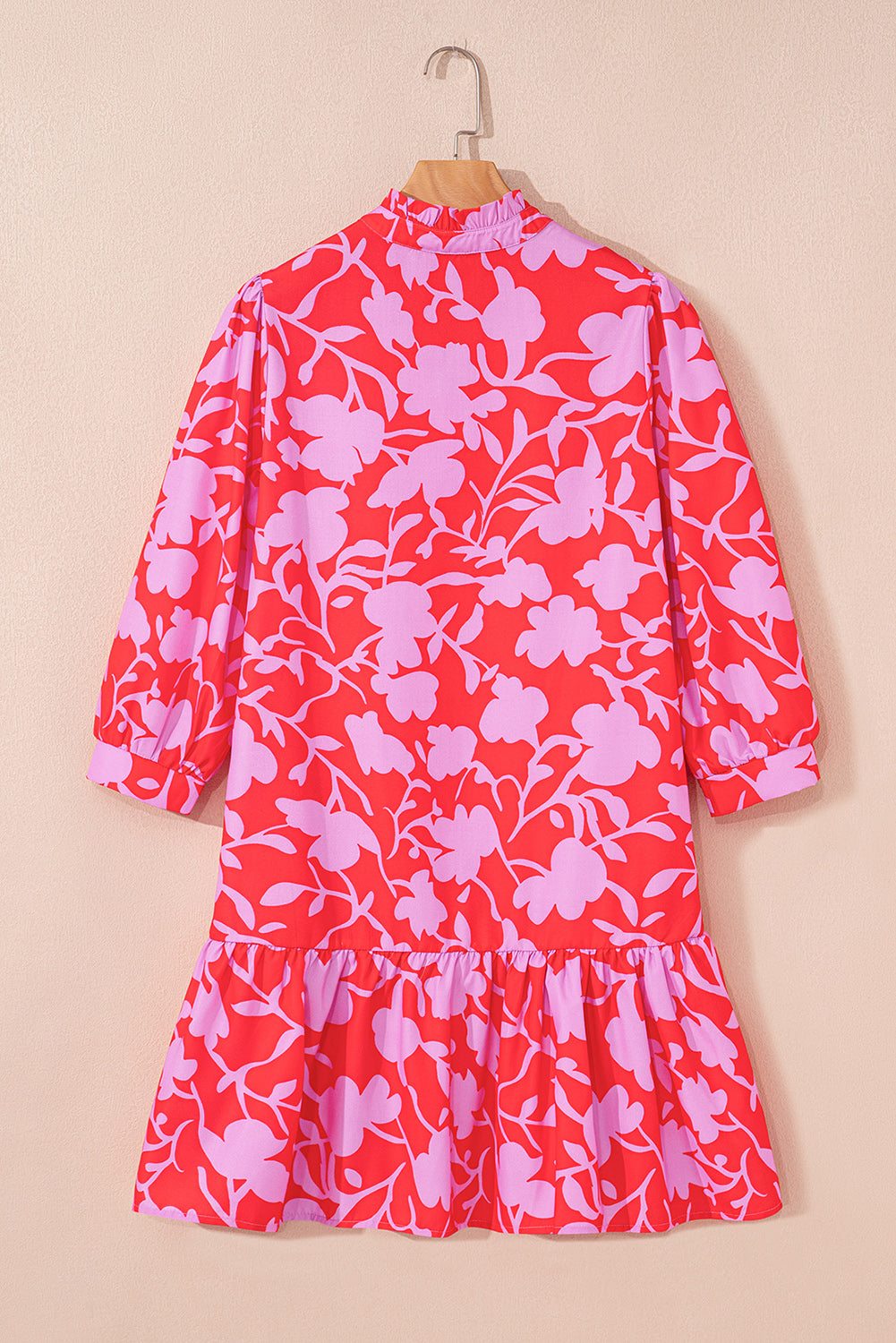 Red Floral Three Quarter Sleeves Ruffle Hem Mini Dress-TOPS / DRESSES-[Adult]-[Female]-2022 Online Blue Zone Planet