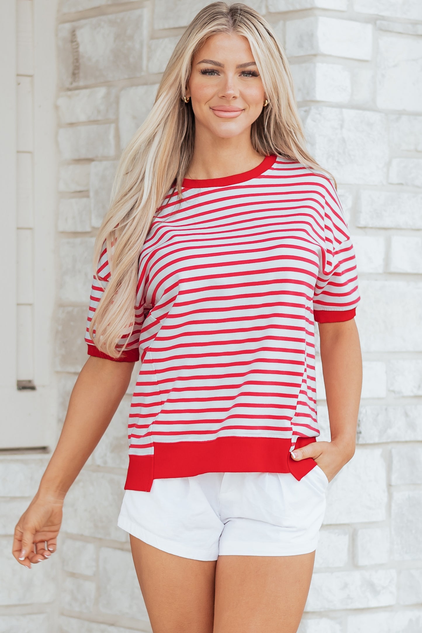 Red Stripe Drop Shoulder Half Sleeve T Shirt-Tops/Tops & Tees-[Adult]-[Female]-2022 Online Blue Zone Planet