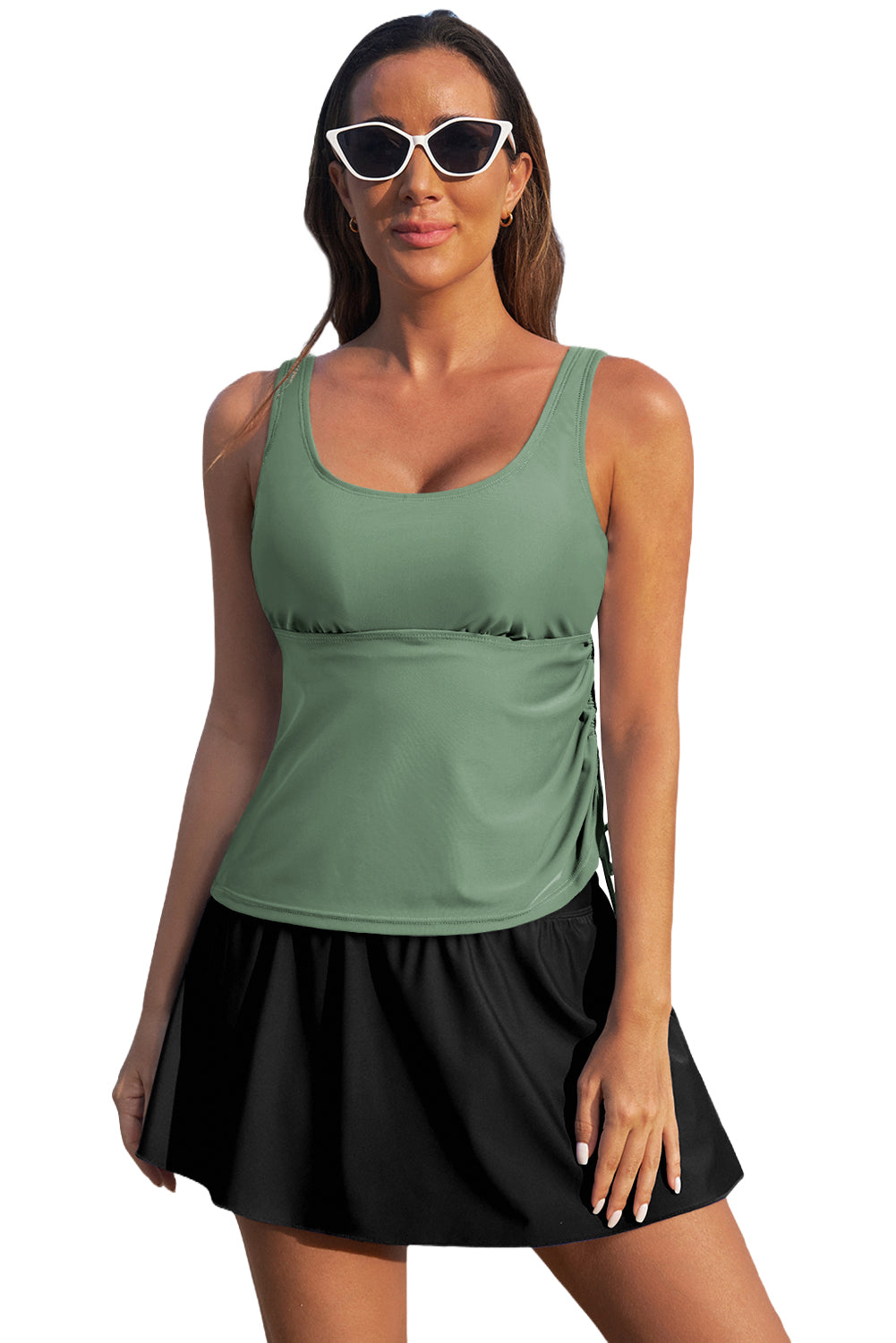 Mist Green Scoop Neck Adjustable Tankini And Matching Skort Bathing Suit-Swimwear/Tankinis-[Adult]-[Female]-2022 Online Blue Zone Planet