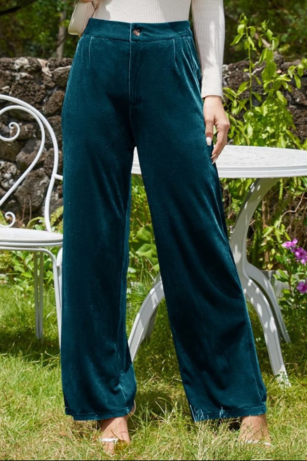 Velvet Wide Leg Pants with Pockets-BOTTOMS SIZES SMALL MEDIUM LARGE-[Adult]-[Female]-2022 Online Blue Zone Planet