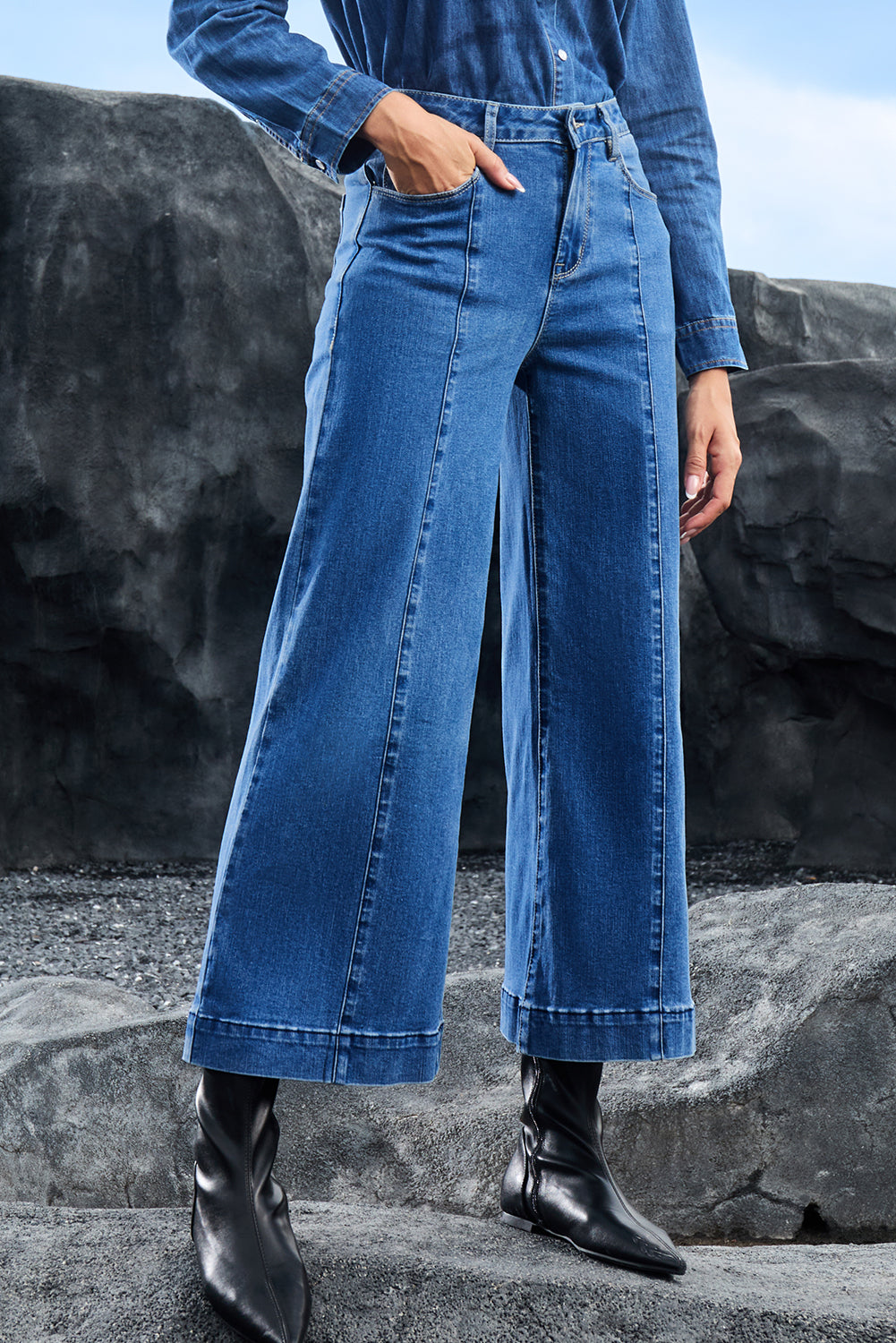 Dark Blue Plain Seam Detail Flared Bottom Ankle Length Jeans-Bottoms/Jeans-[Adult]-[Female]-2022 Online Blue Zone Planet