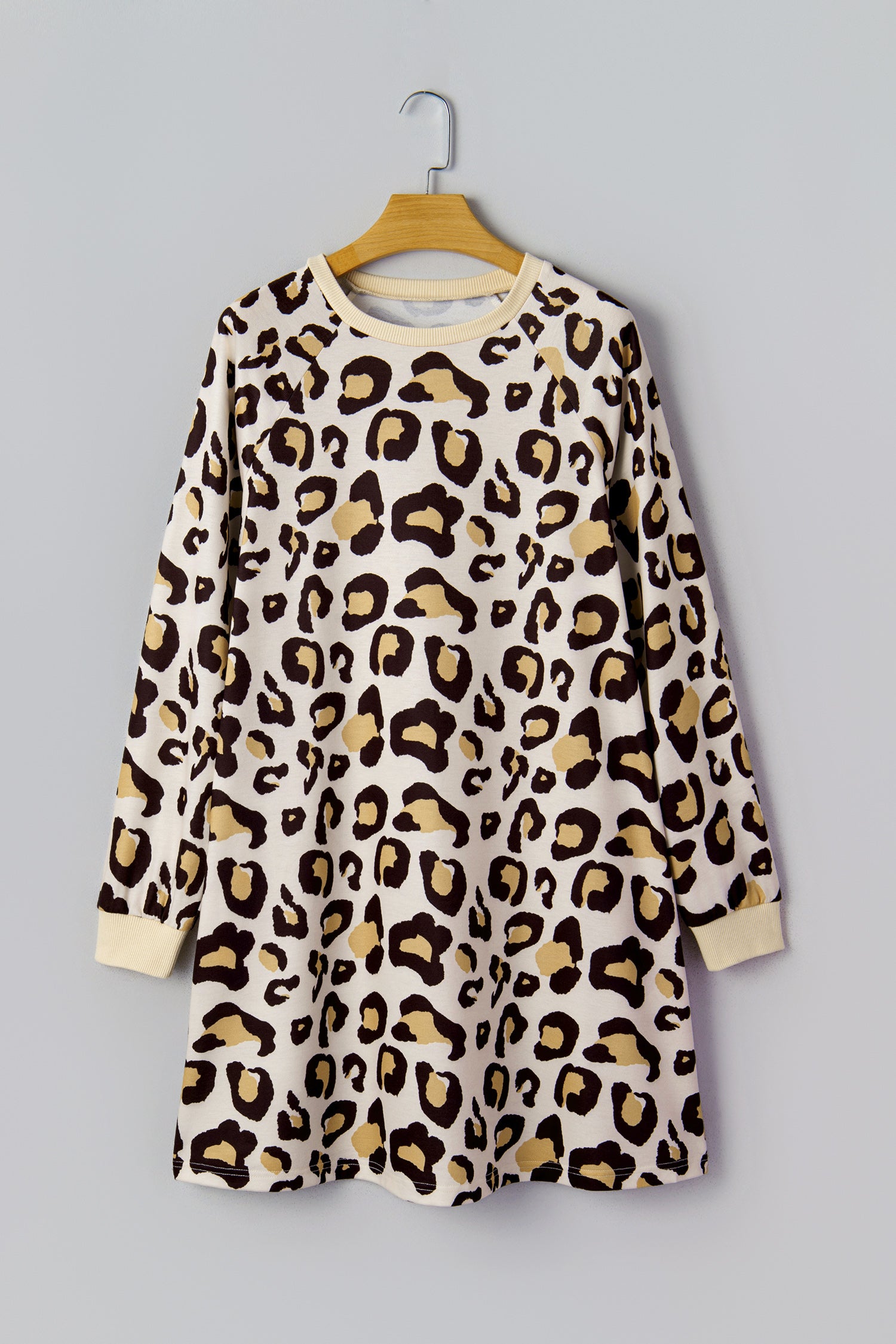 Khaki Leopard Long Sleeve Shift T Shirt Dress With Pockets-TOPS / DRESSES-[Adult]-[Female]-2022 Online Blue Zone Planet