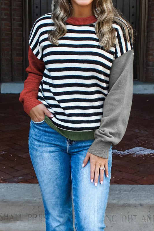 Gray Striped Panels Colorblock Sleeve Chic Sweater-Sweaters & Cardigans/Sweaters-[Adult]-[Female]-Gray-S-2022 Online Blue Zone Planet