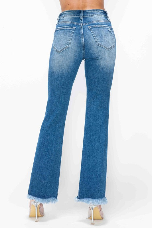 Blue Zone Planet | bytos Full Size Raw Hem Distressed High Rise Bootcut Jeans-BOTTOMS SIZES SMALL MEDIUM LARGE-[Adult]-[Female]-2022 Online Blue Zone Planet