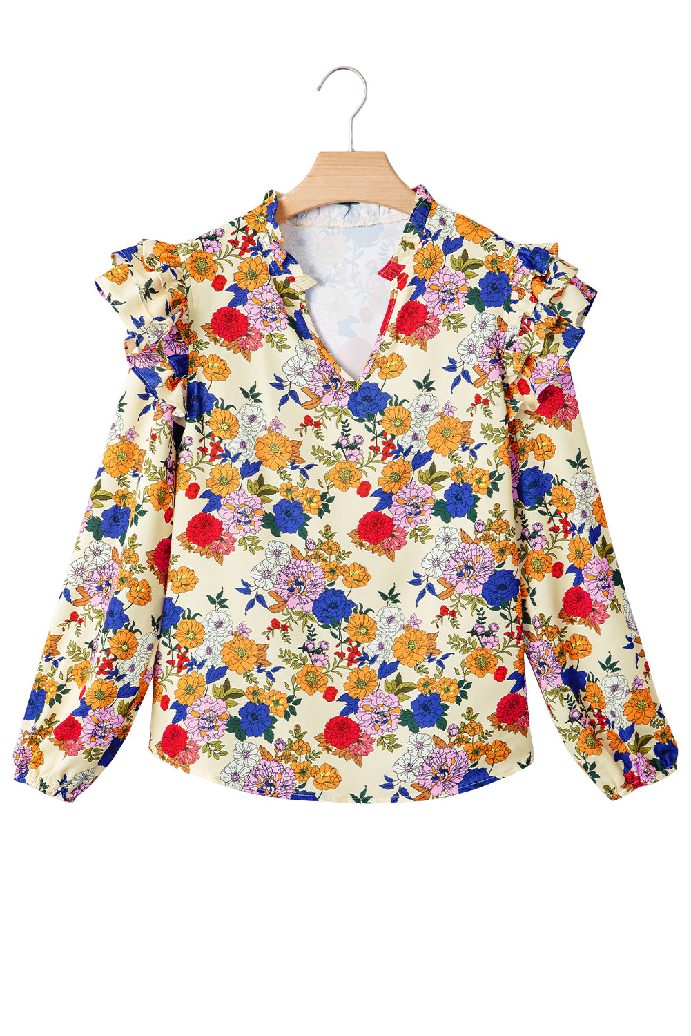 Apricot Ruffled Shoulder Long Sleeve Floral Blouse-Tops/Blouses & Shirts-[Adult]-[Female]-2022 Online Blue Zone Planet