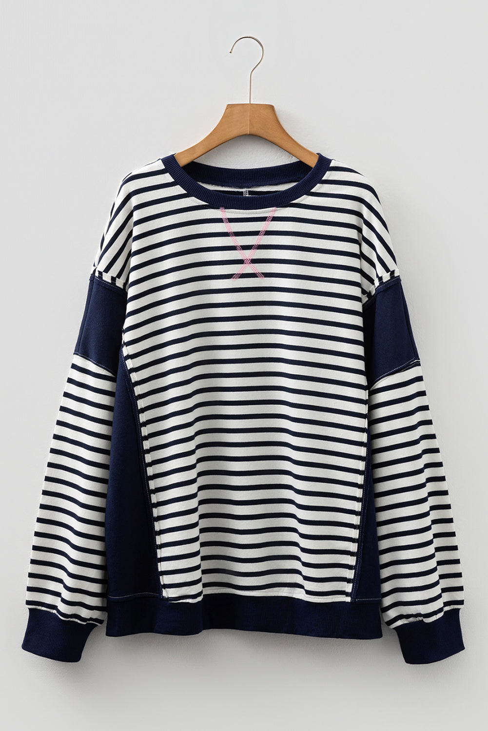 Blue Stripe Contrast Stitched Detail Color Block Patchwork Plus Size Sweatshirt-Plus Size/Plus Size Sweatshirts & Hoodies-[Adult]-[Female]-2022 Online Blue Zone Planet