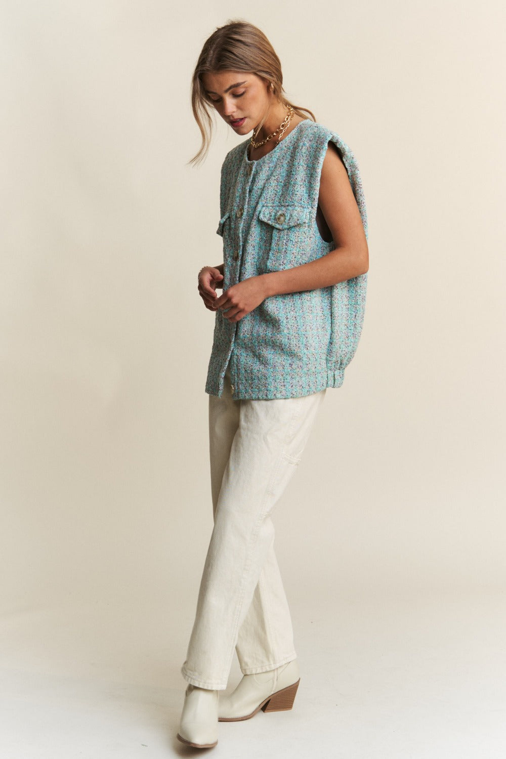 J.NNA Frayed Tweed Padded Shoulder Vest-TOPS / DRESSES-[Adult]-[Female]-2022 Online Blue Zone Planet