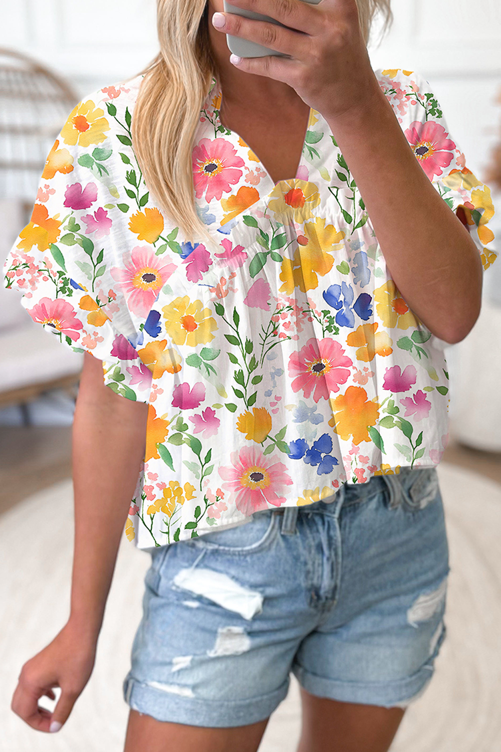 Yellow Floral Boxy Fit Ruffled Short Sleeve V Neck Blouse-Tops/Blouses & Shirts-[Adult]-[Female]-2022 Online Blue Zone Planet