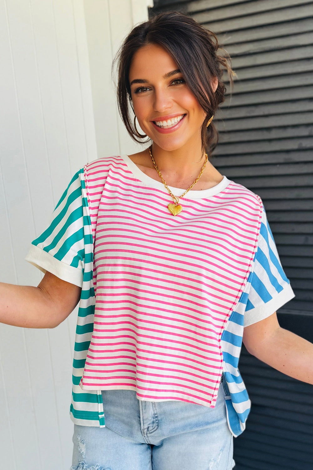 Pink Stripe Mixed Pattern Patchwork Uneven Hem Loose Tee-Tops/Tops & Tees-[Adult]-[Female]-2022 Online Blue Zone Planet