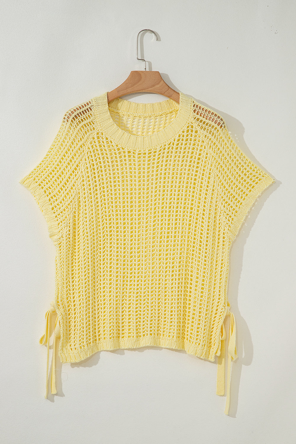 Yellow Cream Hollow-Out Crochet Side Tied Short Sleeve Sweater-TOPS / DRESSES-[Adult]-[Female]-2022 Online Blue Zone Planet
