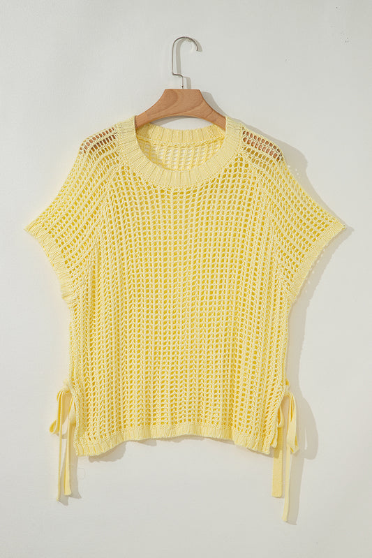 Yellow Cream Hollow-Out Crochet Side Tied Short Sleeve Sweater-TOPS / DRESSES-[Adult]-[Female]-2022 Online Blue Zone Planet