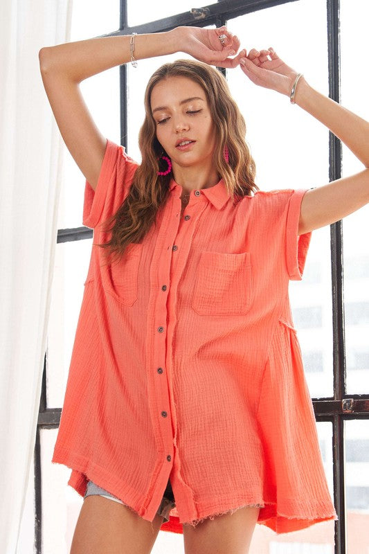 ADORA Raw Hem Collared Neck Button Down Shirt-TOPS / DRESSES-[Adult]-[Female]-2022 Online Blue Zone Planet