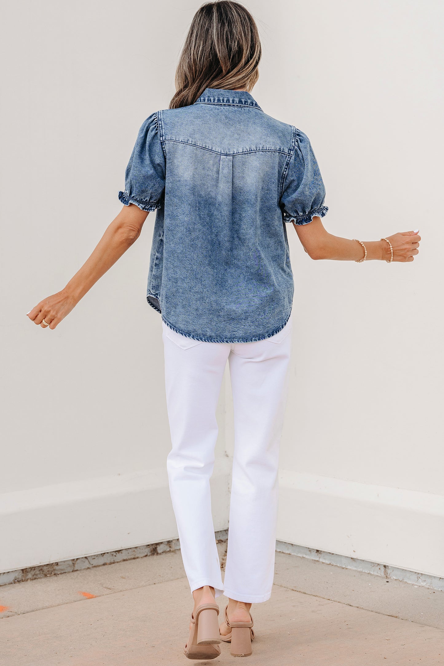 Beau Blue Frilled Short Sleeve Snap Button Denim Shirt-Tops/Blouses & Shirts-[Adult]-[Female]-2022 Online Blue Zone Planet