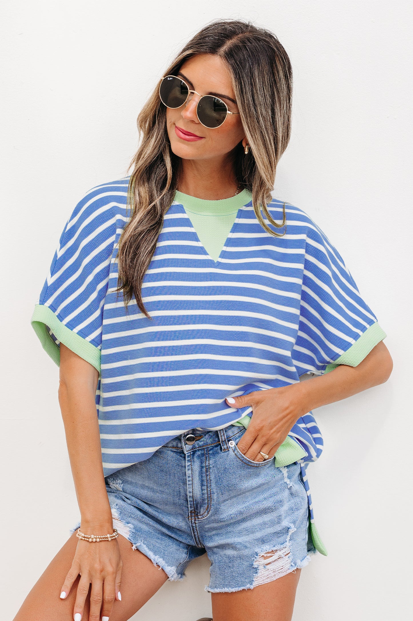 Pink Stripe Contrast Trim Loose Short Sleeve Top-Tops/Tops & Tees-[Adult]-[Female]-2022 Online Blue Zone Planet