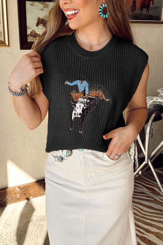 Black Western Cowboy Embroidery Round Neck Sleeveless Sweater-Sweaters & Cardigans/Sweater Vests-[Adult]-[Female]-Black-S-2022 Online Blue Zone Planet