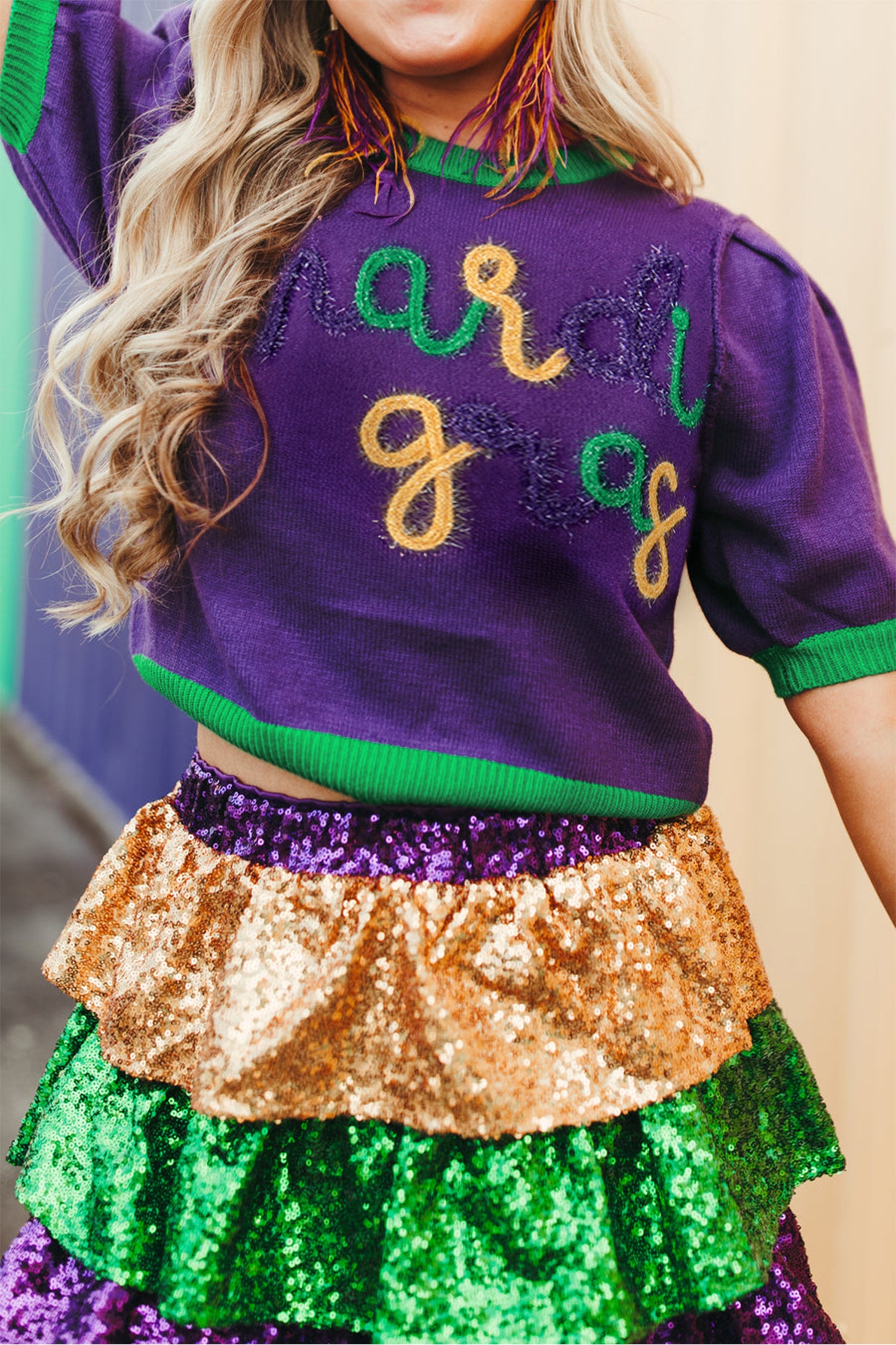 Tillandsia Purple Mardi Gras Tinsel Graphic Short Sleeve Sweater-TOPS / DRESSES-[Adult]-[Female]-2022 Online Blue Zone Planet
