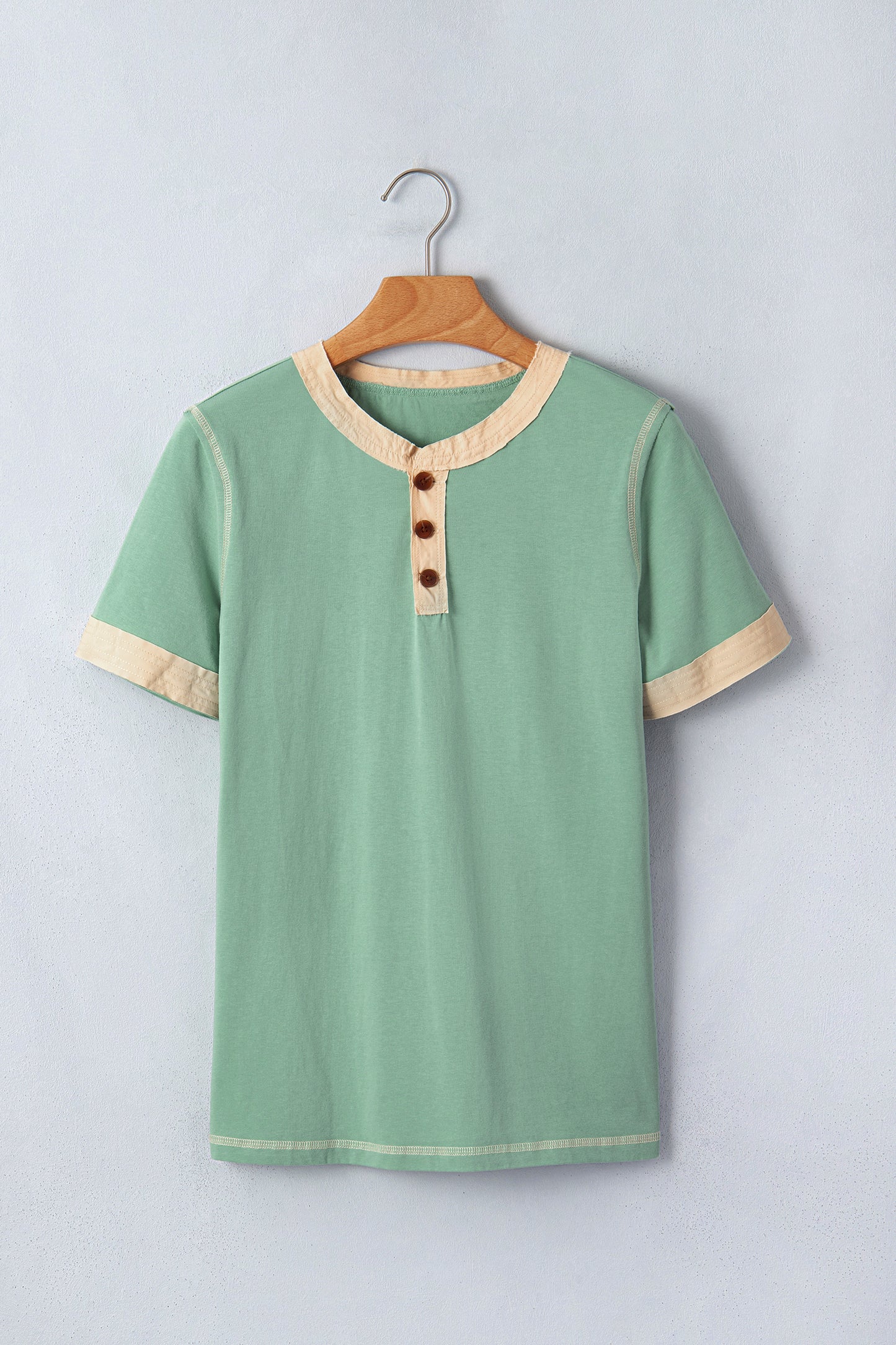 Light Grey Raw Seam Color Block Detail Buttoned Henley Tee-Tops/Tops & Tees-[Adult]-[Female]-2022 Online Blue Zone Planet