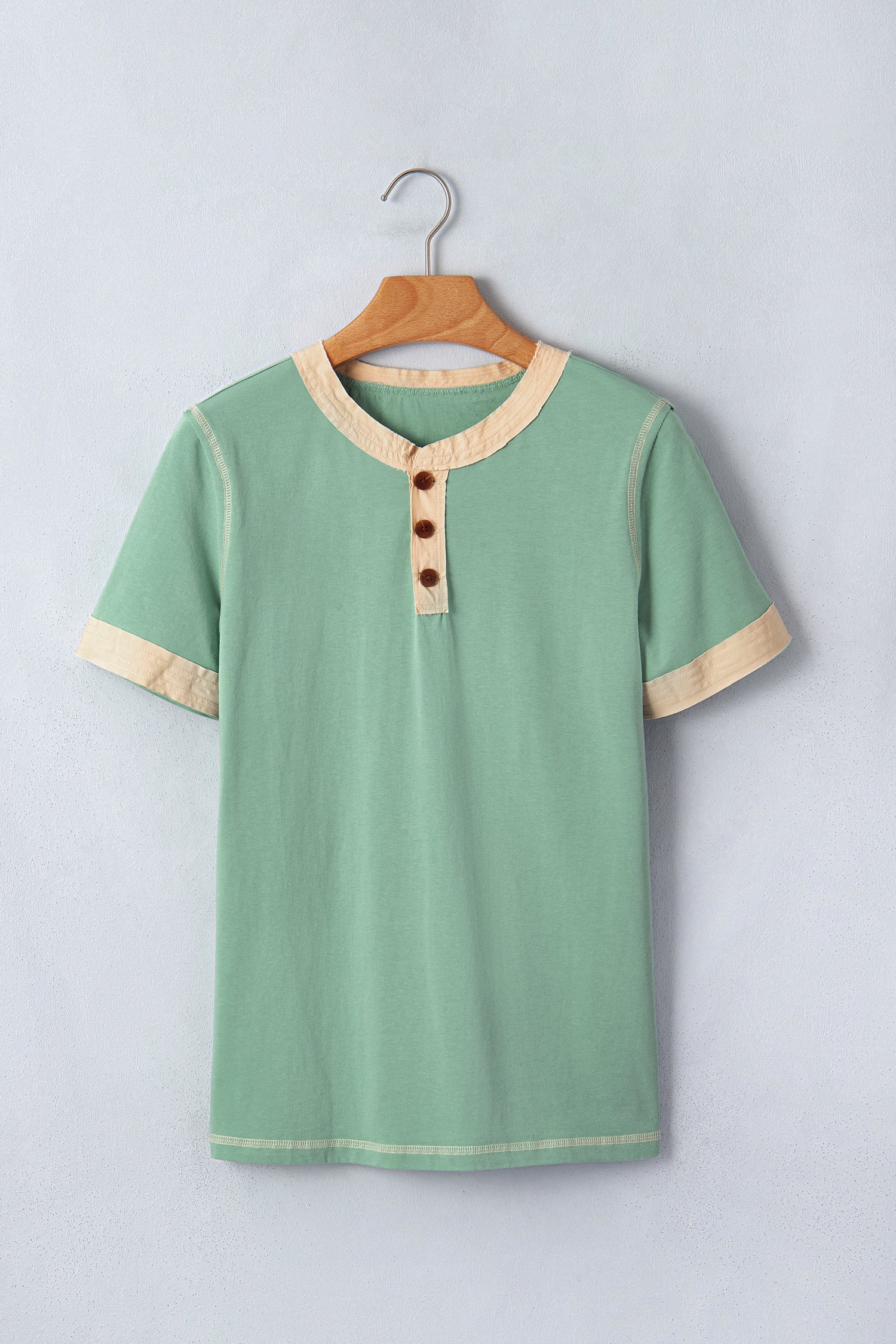 Light Grey Raw Seam Color Block Detail Buttoned Henley Tee-Tops/Tops & Tees-[Adult]-[Female]-2022 Online Blue Zone Planet