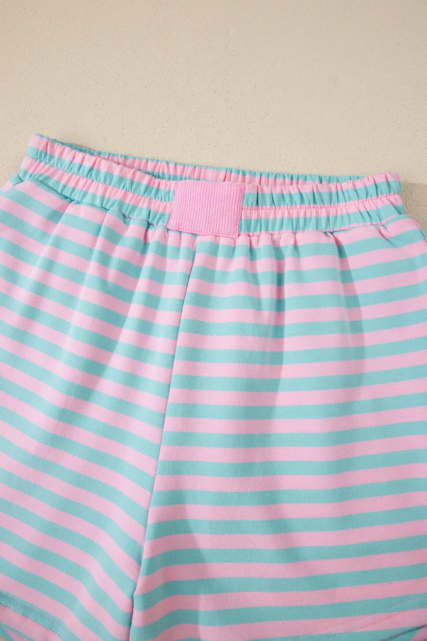 Pink Stripe Color Block Detail Long Sleeve Pullover Elastic Waist Pull On Shorts 2pcs Set-Two Piece Sets/Short Sets-[Adult]-[Female]-2022 Online Blue Zone Planet