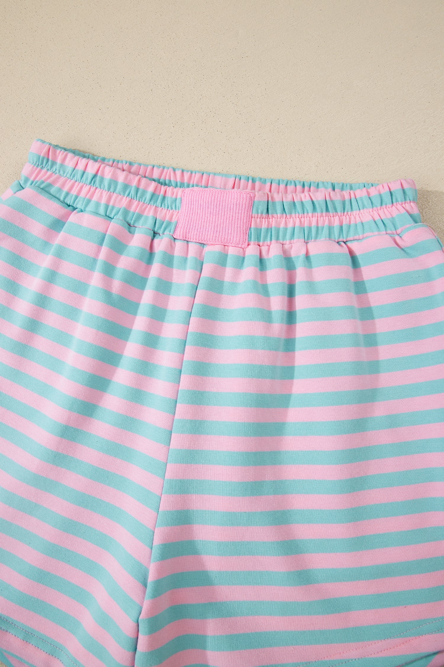 Pink Stripe Color Block Detail Long Sleeve Pullover Elastic Waist Pull On Shorts 2pcs Set-Two Piece Sets/Short Sets-[Adult]-[Female]-2022 Online Blue Zone Planet