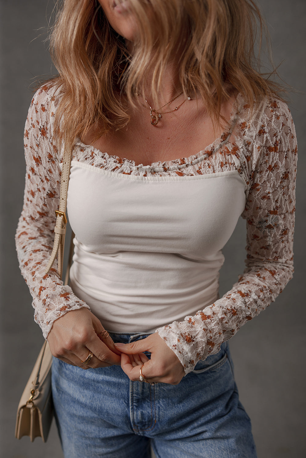 White Floral Lace Patchwork Square Neck Long Sleeve Top-Tops/Long Sleeve Tops-[Adult]-[Female]-2022 Online Blue Zone Planet