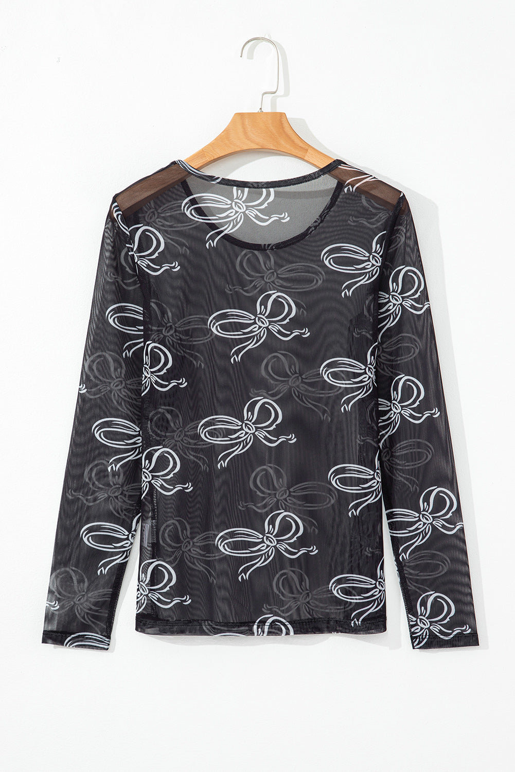 Black Round Neck Bow Print Long Sleeve Mesh Top-Tops/Long Sleeve Tops-[Adult]-[Female]-2022 Online Blue Zone Planet