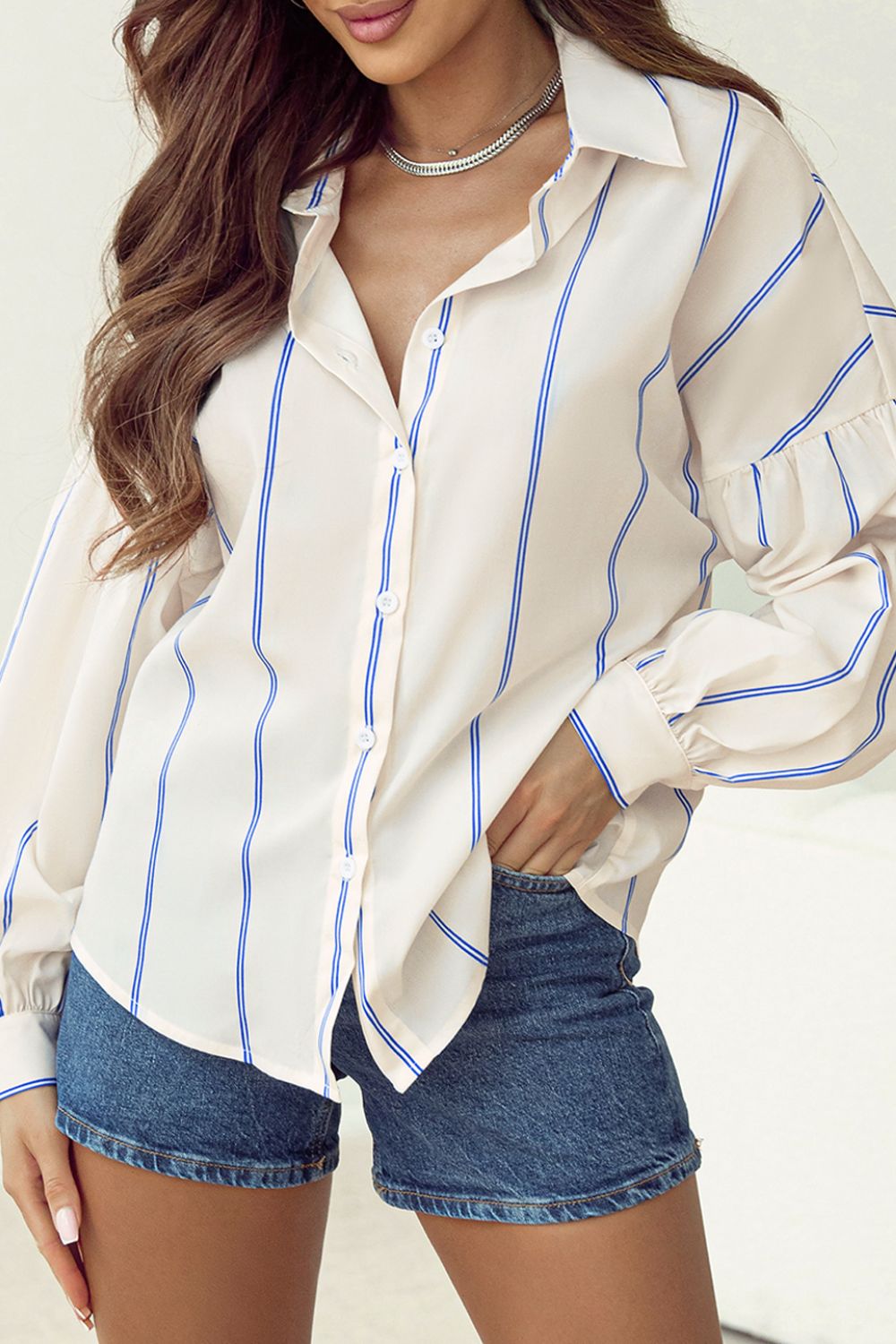 Stripe Drop Shoulder Long Sleeve Shirt-TOPS / DRESSES-[Adult]-[Female]-White-S-2022 Online Blue Zone Planet