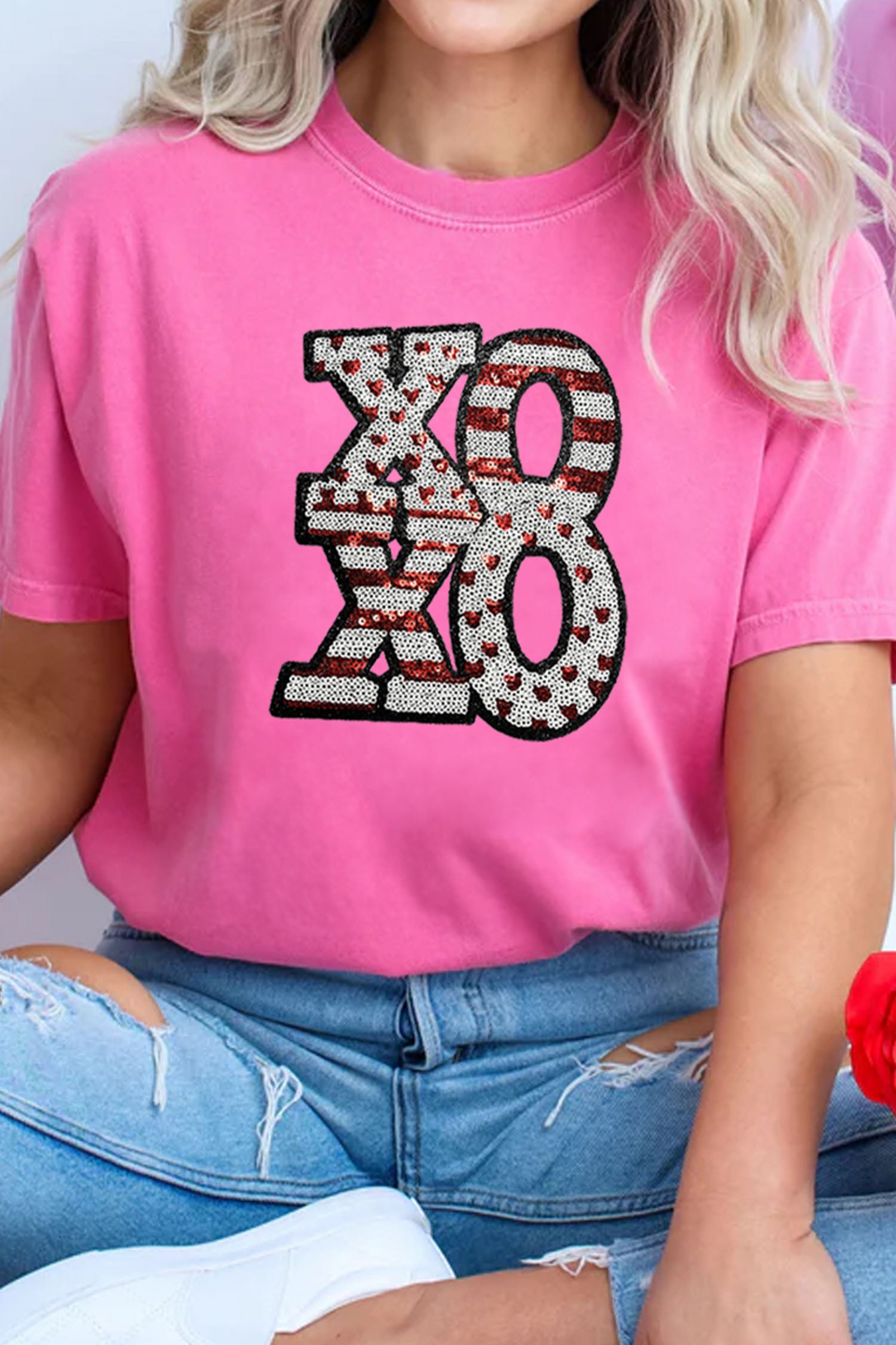 Sachet Pink Sequined Xoxo Graphic Valentine T Shirt-Graphic Tees-[Adult]-[Female]-2022 Online Blue Zone Planet