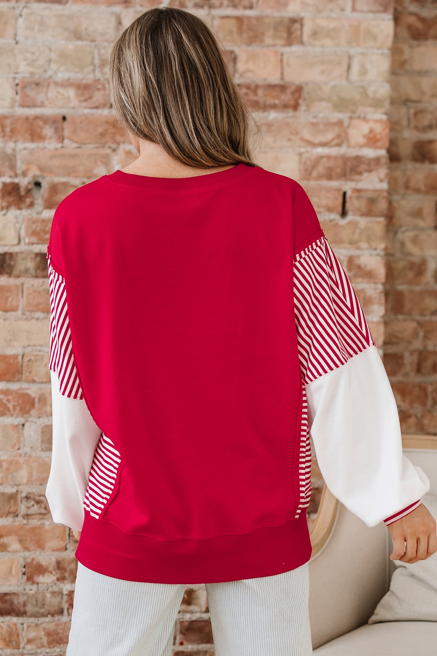 Fiery Red Striped Patchwork Sleeve Colorblock Sweatshirt-Tops/Sweatshirts & Hoodies-[Adult]-[Female]-2022 Online Blue Zone Planet