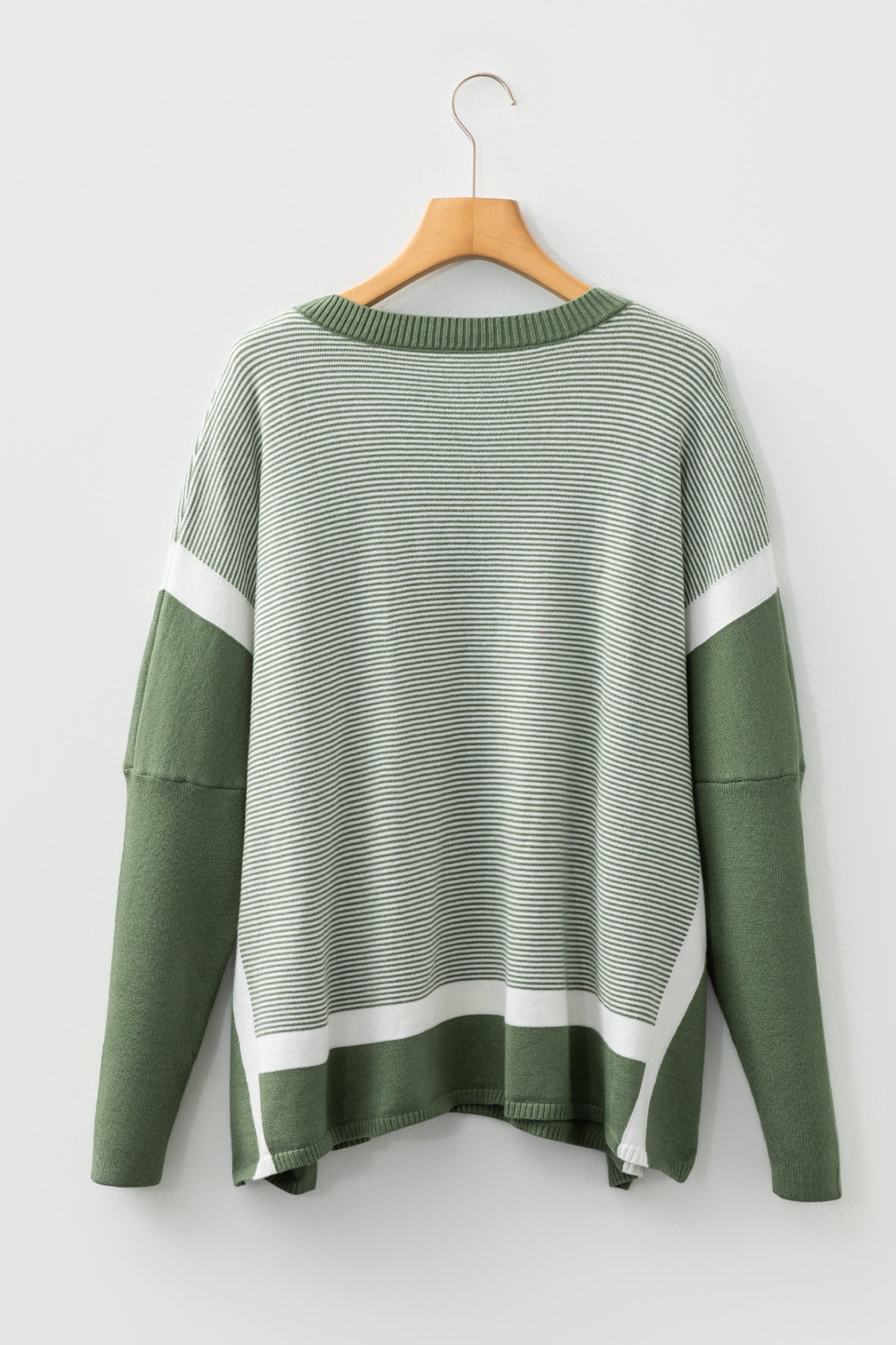 Green Stripe Color Block Patchwork Dolman Oversize Tunic Sweater-Sweaters & Cardigans/Sweaters-[Adult]-[Female]-2022 Online Blue Zone Planet