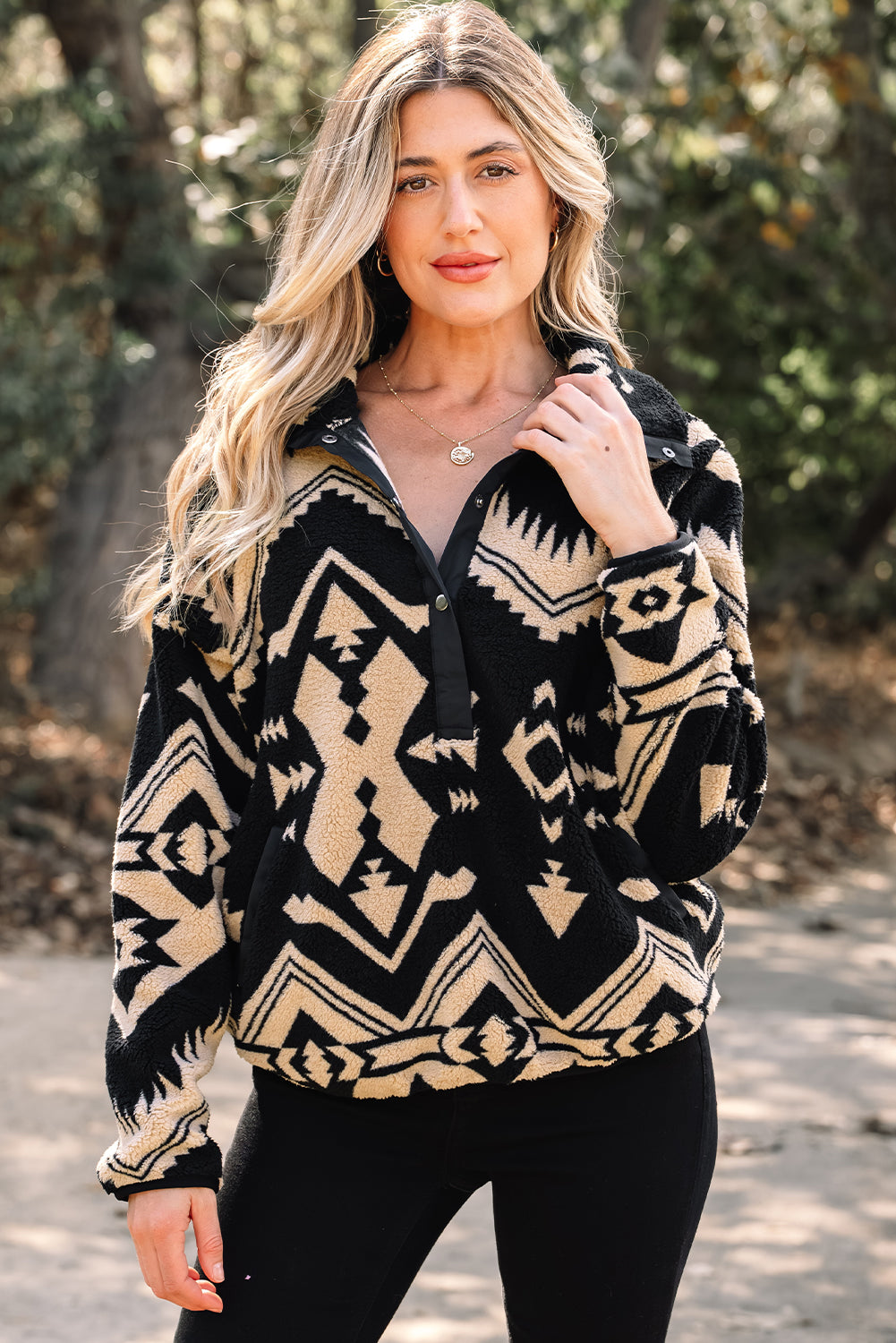 Black Western Aztec Half Zip Plush Sweatshirt-Tops/Sweatshirts & Hoodies-[Adult]-[Female]-2022 Online Blue Zone Planet