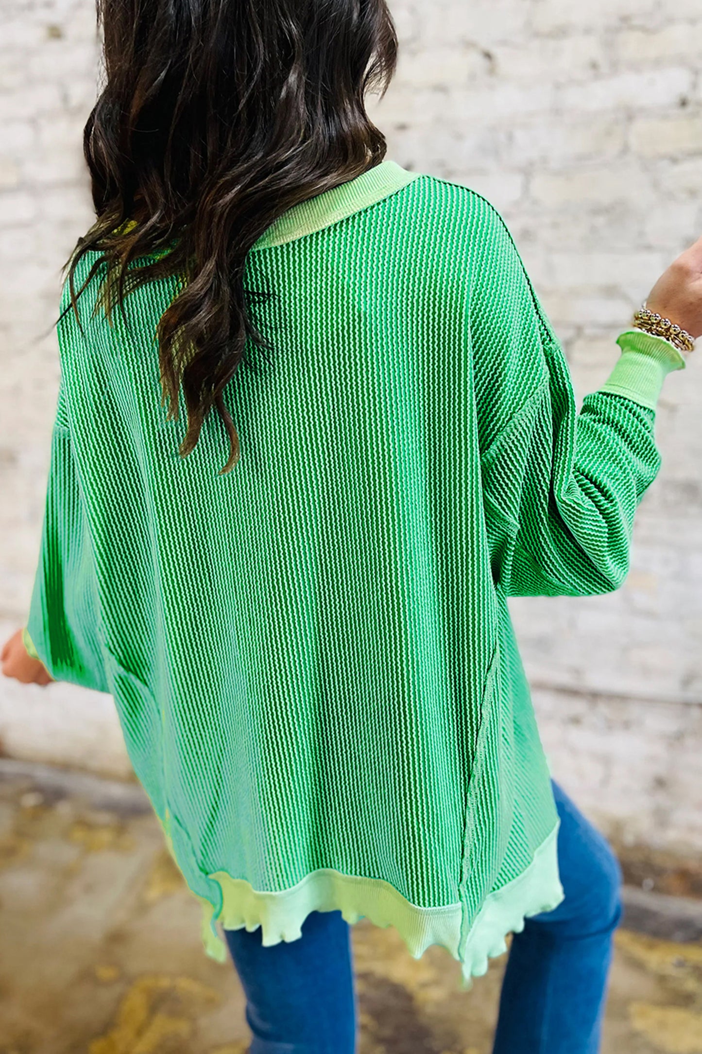 Bright Green Twisted Rib St Patricks Day Sequin Patch Graphic Long Sleeve Top-Graphic/Graphic Long Sleeve Tees-[Adult]-[Female]-2022 Online Blue Zone Planet