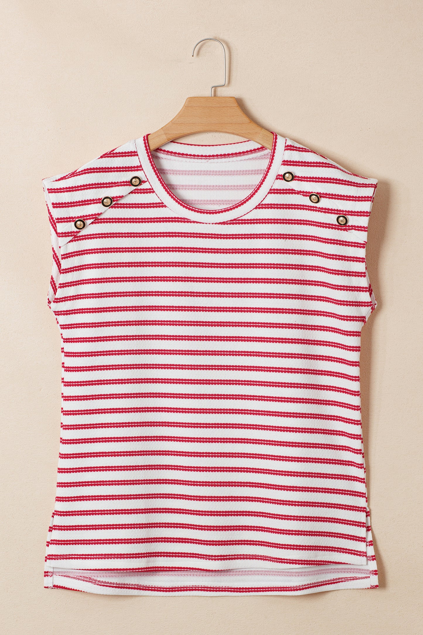 Red Stripe Textured Knit Button Detail Short Sleeve Casual Tee-Tops/Tops & Tees-[Adult]-[Female]-2022 Online Blue Zone Planet