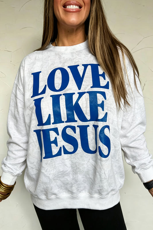 Gray LOVE LIKE JESUS Letter Print Round Neck Light Camo Pullover Sweatshirt-Tops/Sweatshirts & Hoodies-[Adult]-[Female]-Gray-S-2022 Online Blue Zone Planet