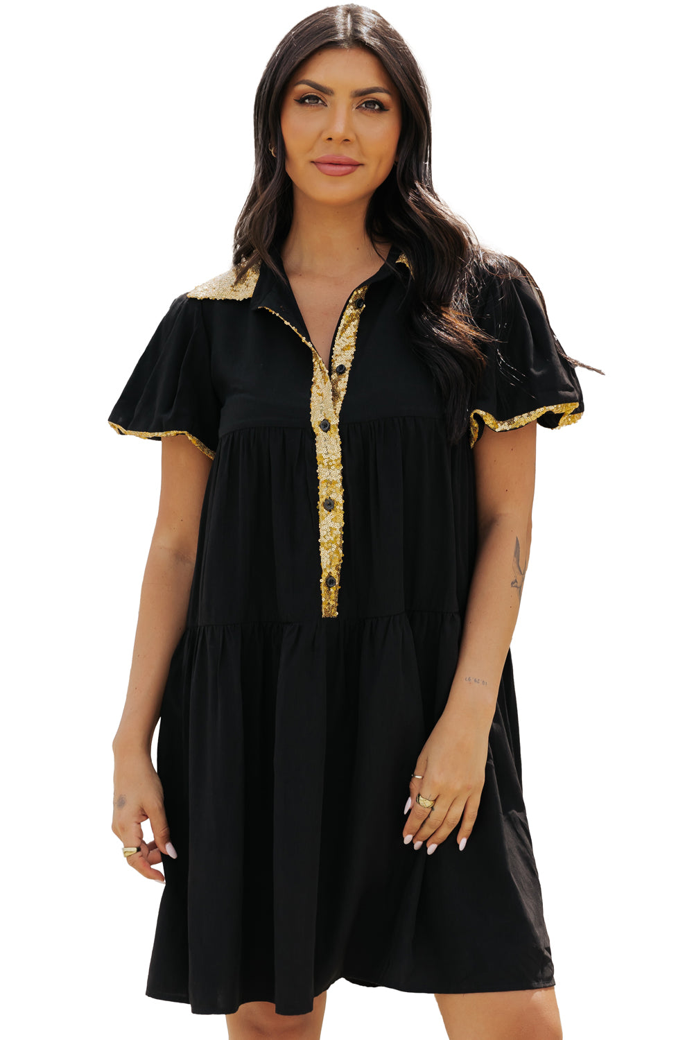 Blue Zone Planet | Black Sequin Trim Bubble Sleeve Game Day Shirt Dress-TOPS / DRESSES-[Adult]-[Female]-2022 Online Blue Zone Planet