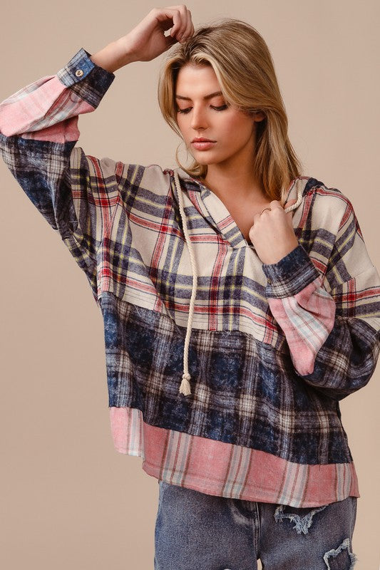 BiBi Drawstring Plaid Drop Shoulder Hoodie-TOPS / DRESSES-[Adult]-[Female]-2022 Online Blue Zone Planet