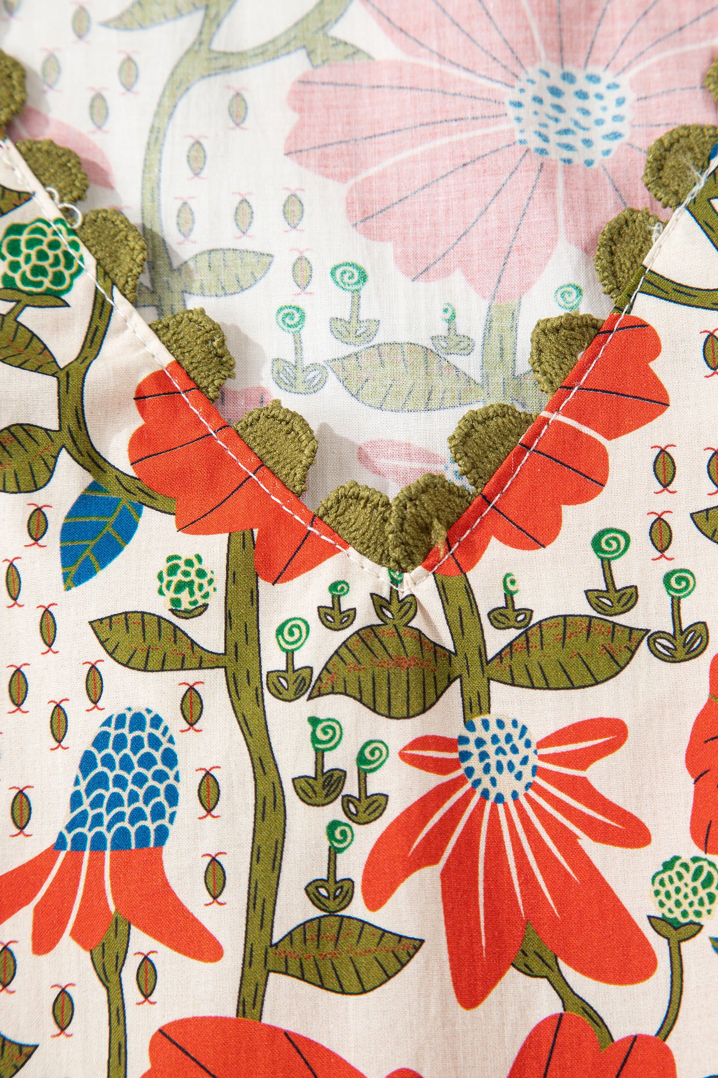 Red Floral Print Ricrac Trim V Neck 3/4 Sleeve Loose Mini Dress-TOPS / DRESSES-[Adult]-[Female]-2022 Online Blue Zone Planet