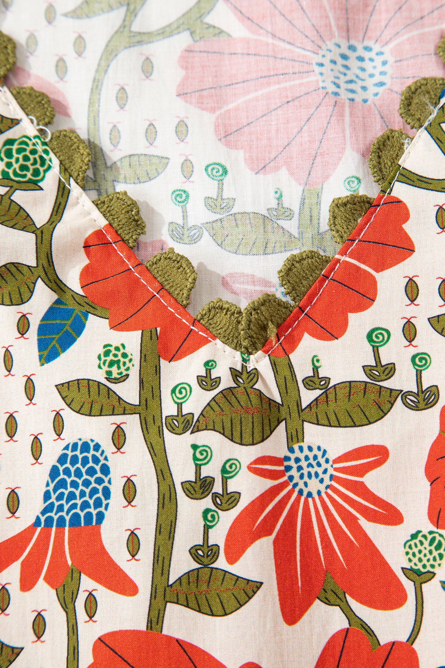 Red Floral Print Ricrac Trim V Neck 3/4 Sleeve Loose Mini Dress-TOPS / DRESSES-[Adult]-[Female]-2022 Online Blue Zone Planet