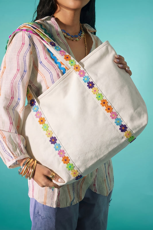 White Canvas Tote Bag with Embroidered Floral Strap Detail-Shoes & Bags/Shoulder Bags-[Adult]-[Female]-White-ONE SIZE-2022 Online Blue Zone Planet