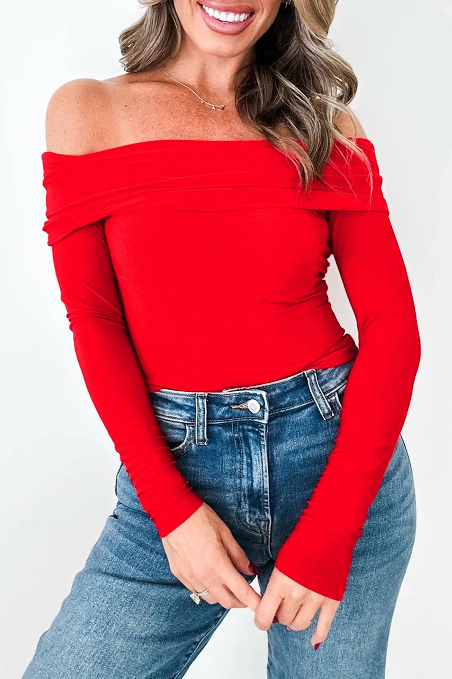 Fiery Red Foldover Off Shoulder Long Sleeve Slim Top-Tops/Long Sleeve Tops-[Adult]-[Female]-Fiery Red-S-2022 Online Blue Zone Planet