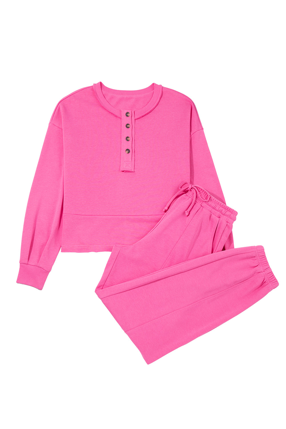 Bright Pink Raw Edge Half Buttons Pullover and Jogger Pants Set-Two Piece Sets/Pant Sets-[Adult]-[Female]-2022 Online Blue Zone Planet