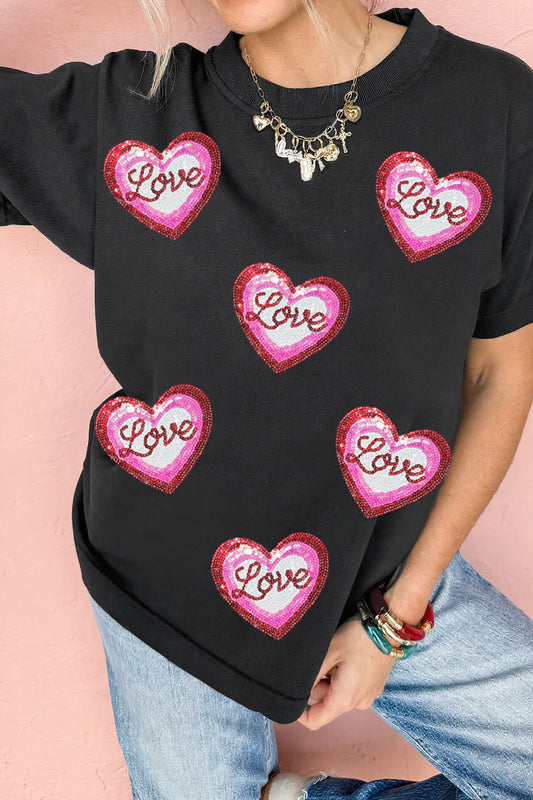Black Sequin Love Heart Patched Crew Neck Casual Tee-Graphic Tees-[Adult]-[Female]-Black-L-2022 Online Blue Zone Planet