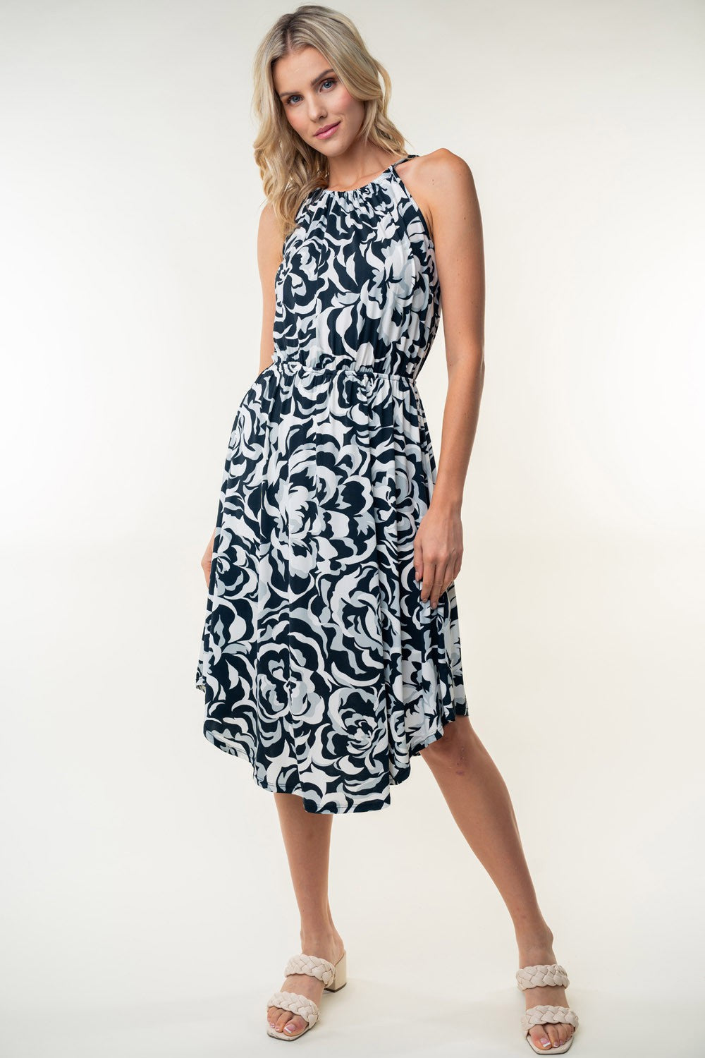 White Birch Tied Ruched Floral Sleeveless Knee Length Dress-TOPS / DRESSES-[Adult]-[Female]-2022 Online Blue Zone Planet