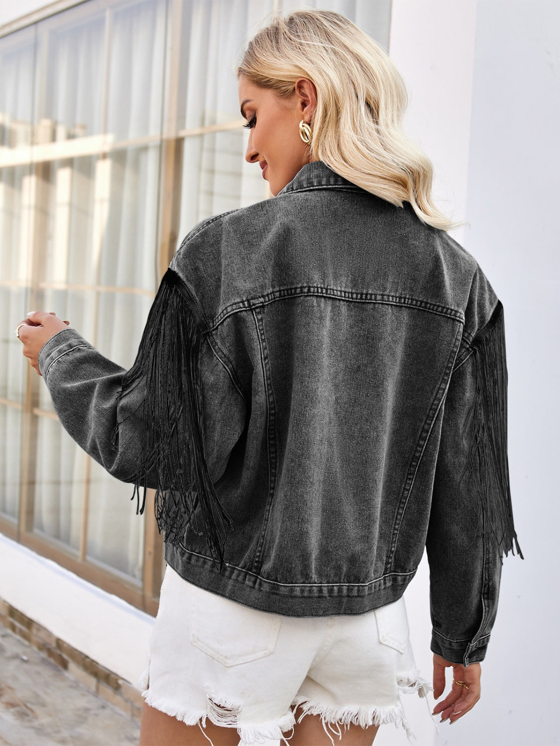 Tassel Button Up Dropped Shoulder Denim Jacket-TOPS / DRESSES-[Adult]-[Female]-2022 Online Blue Zone Planet