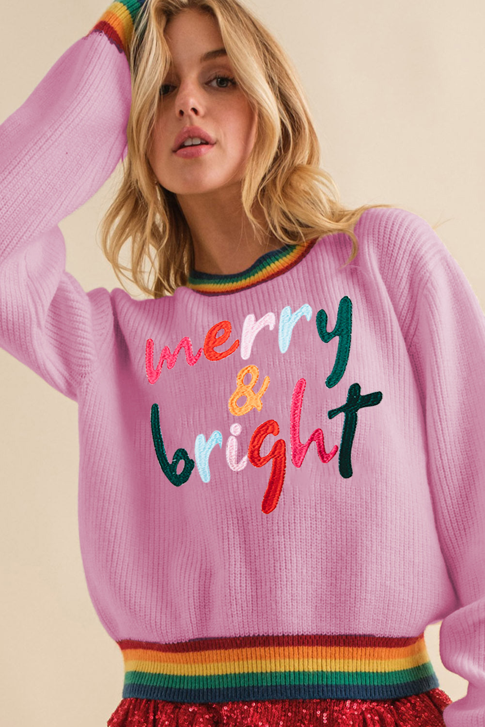 Bonbon Merry & Bright Colorful Stripes Trim Sweater-Sweaters & Cardigans/Sweaters-[Adult]-[Female]-2022 Online Blue Zone Planet