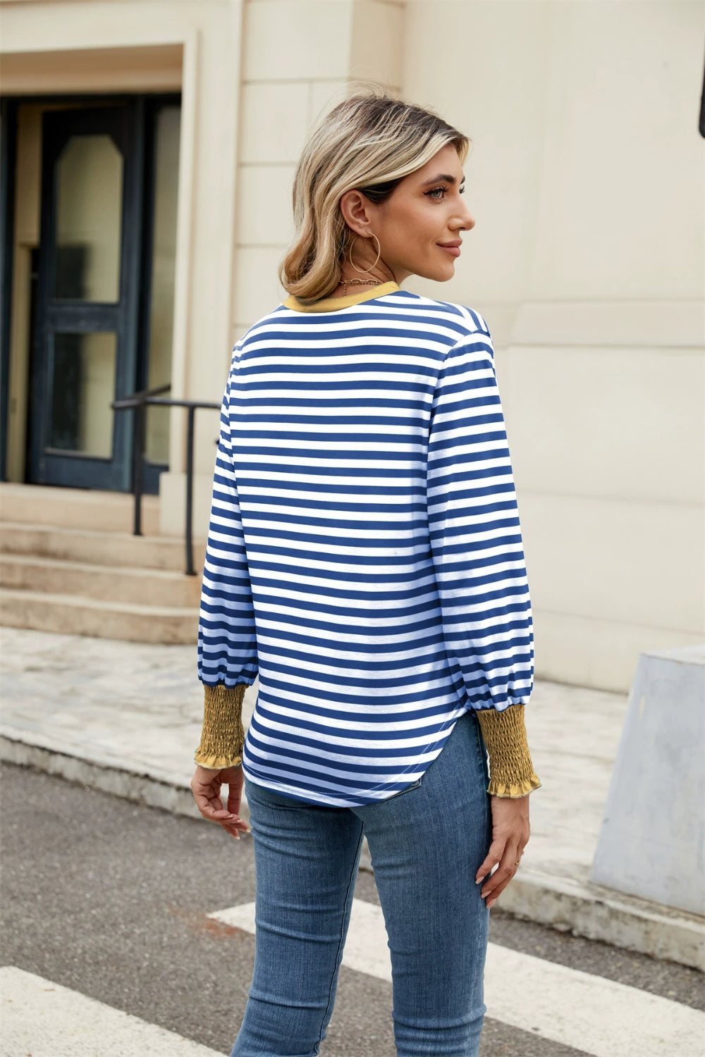 Contrast Striped Notched Long Sleeve Top-TOPS / DRESSES-[Adult]-[Female]-2022 Online Blue Zone Planet