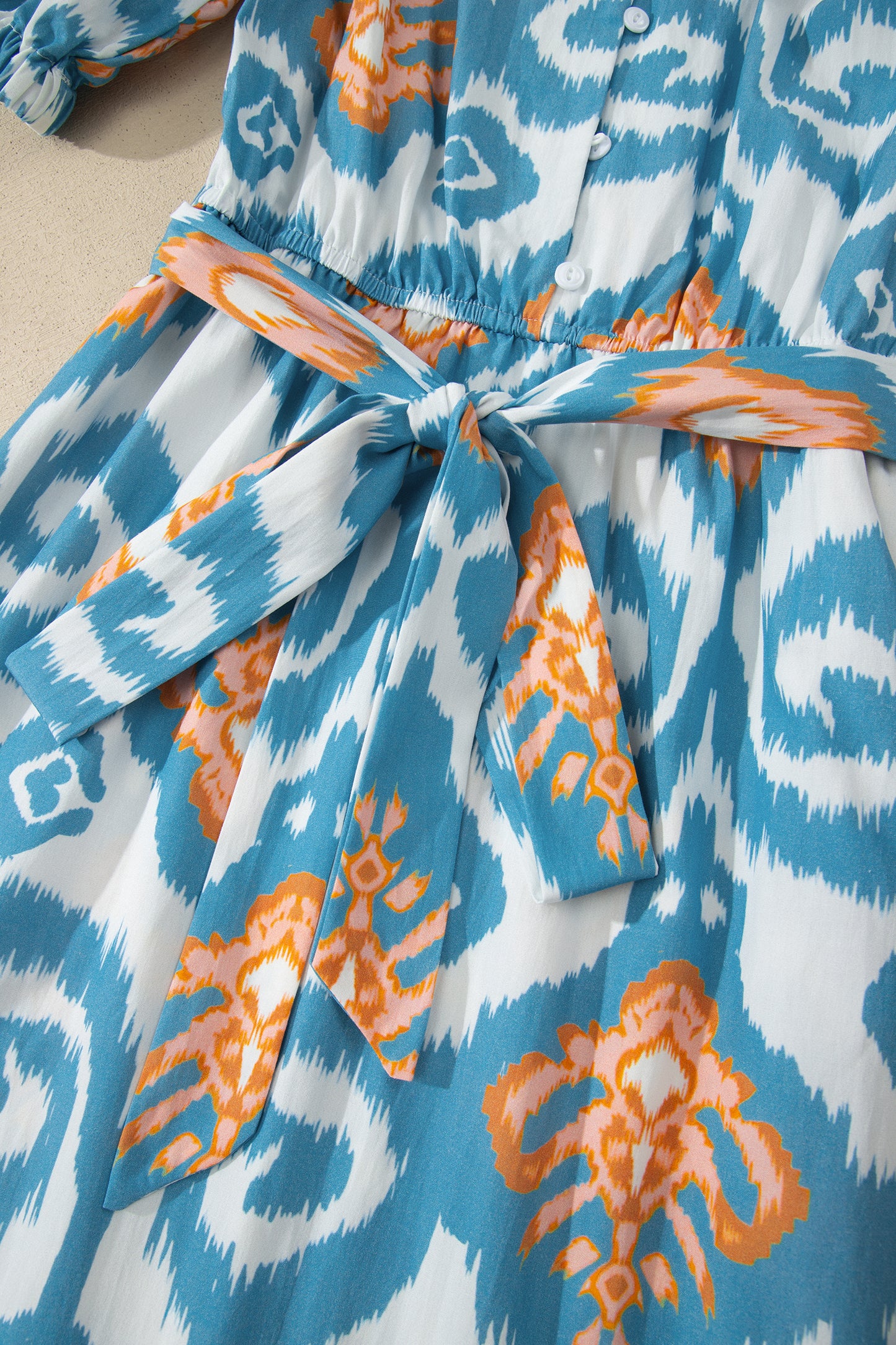 Sky Blue Boho Floral Print Short Puff Sleeve Button Down Ruffle Hem Midi Dress-TOPS / DRESSES-[Adult]-[Female]-2022 Online Blue Zone Planet