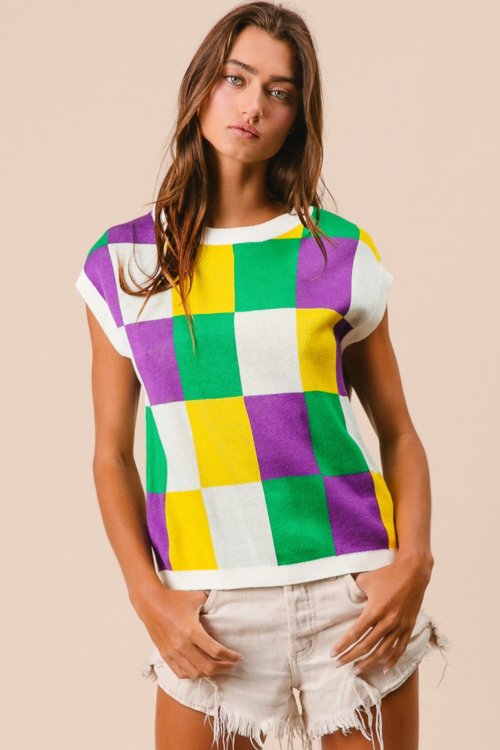 Tillandsia Purple Checkered Color Block Cap Sleeve Mardi Gras Knitted Top-Knit Tops-[Adult]-[Female]-2022 Online Blue Zone Planet